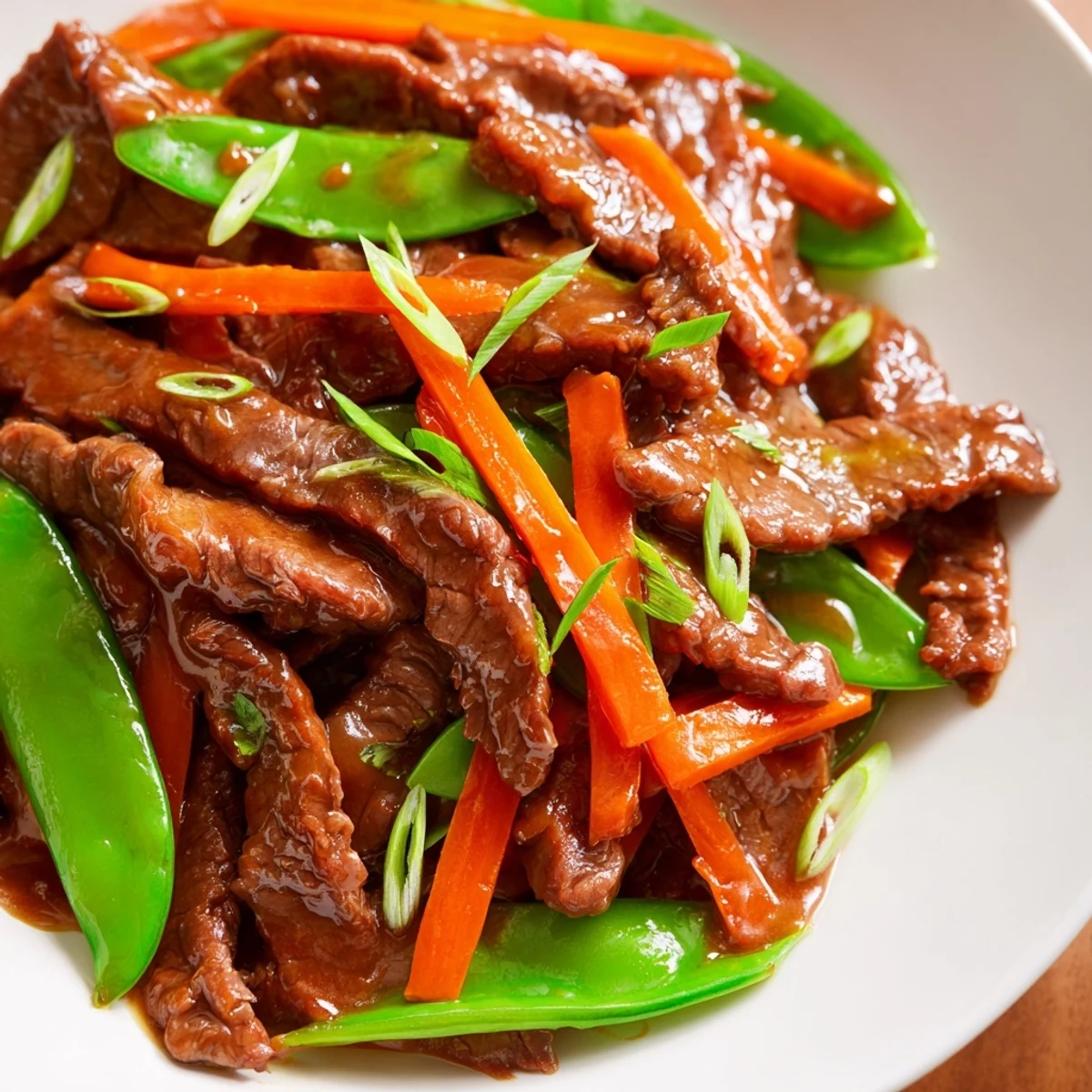 A close-up view of colorful Beef Stir Fry with Snow Peas and Carrots featuring julienned carrots and vibrant green peas.