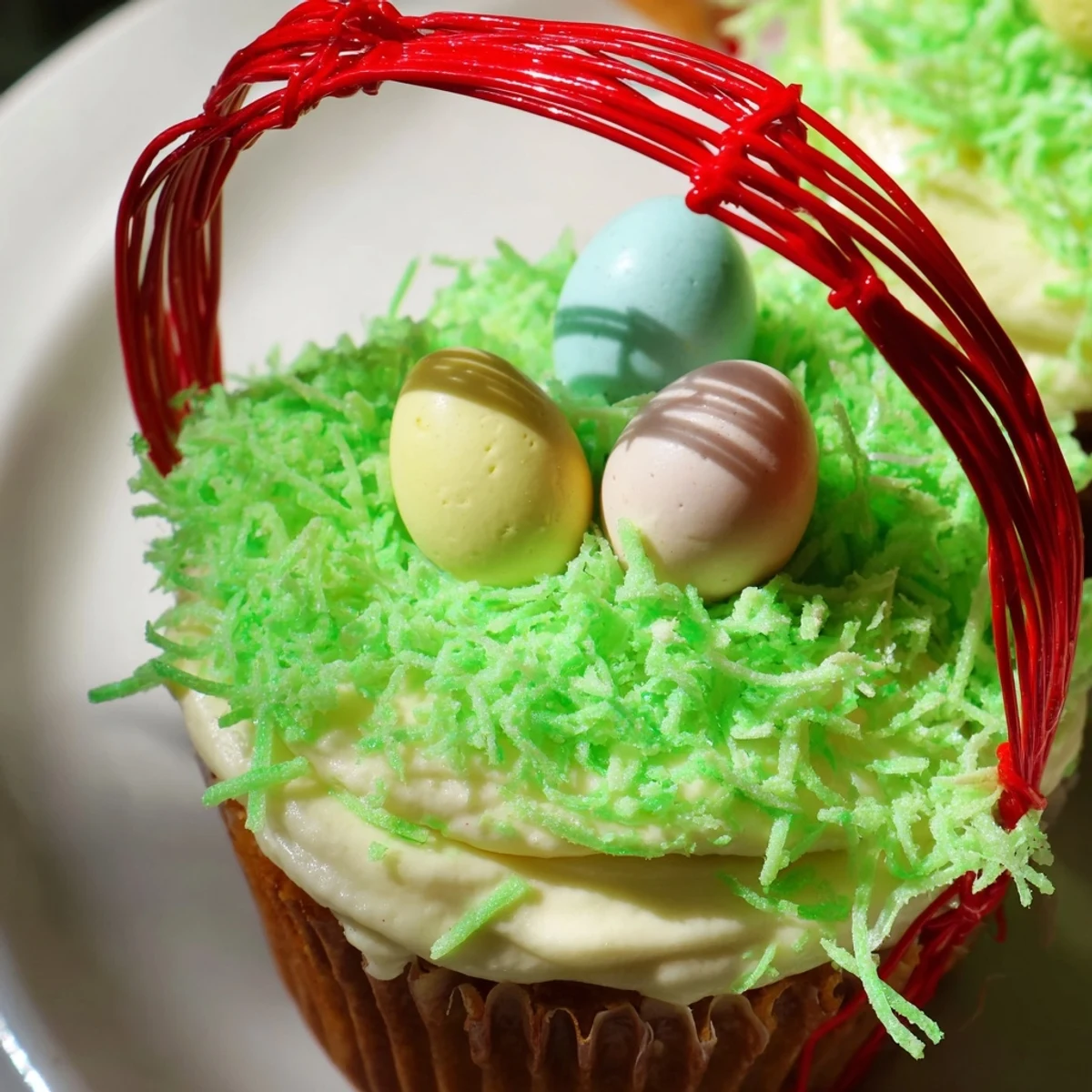 A close view of Easter Basket Cupcakes featuring shredded coconut grass and colorful jelly bean eggs in baskets.