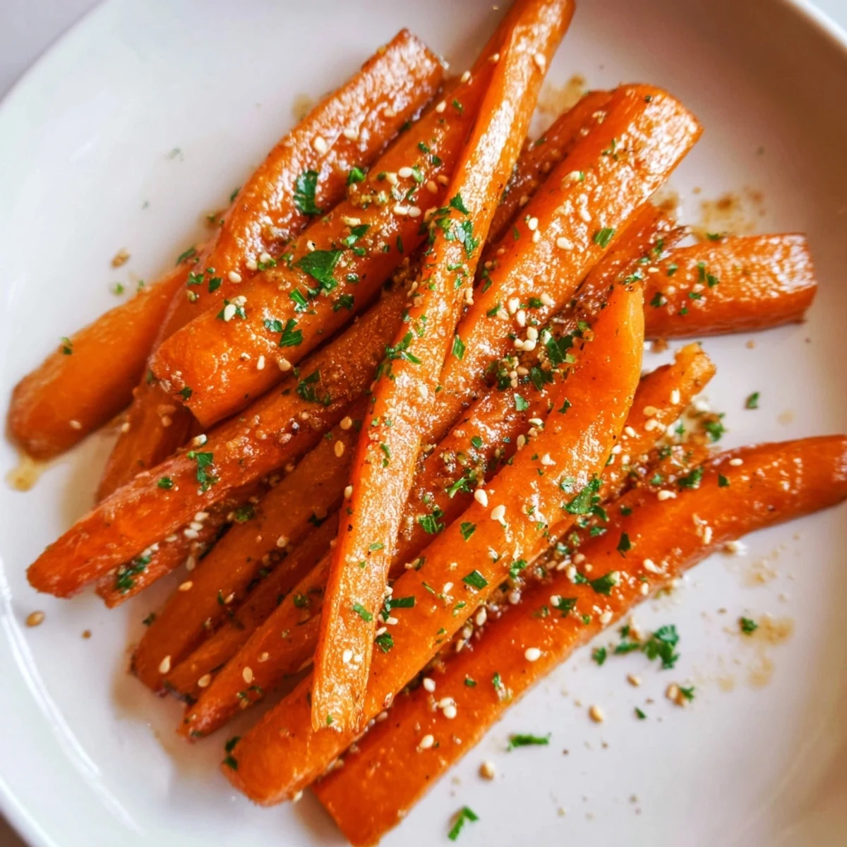 Golden roasted carrots with maple and cumin garnished with fresh parsley on a rustic plate.
