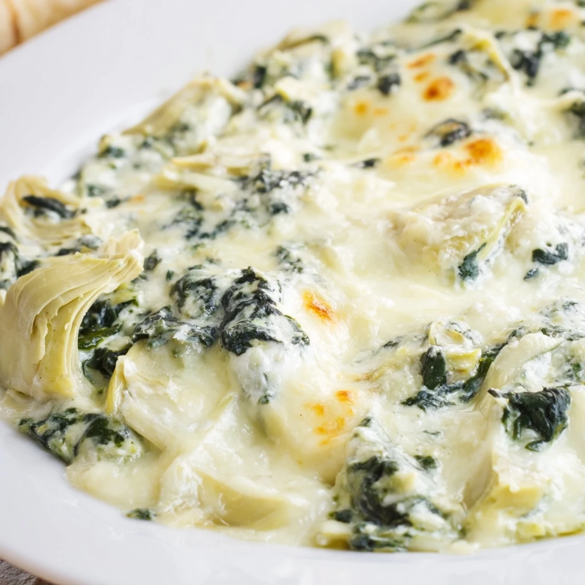 Golden, bubbly Creamy Spinach and Artichoke Dip in a baking dish, served with crunchy tortilla chips.