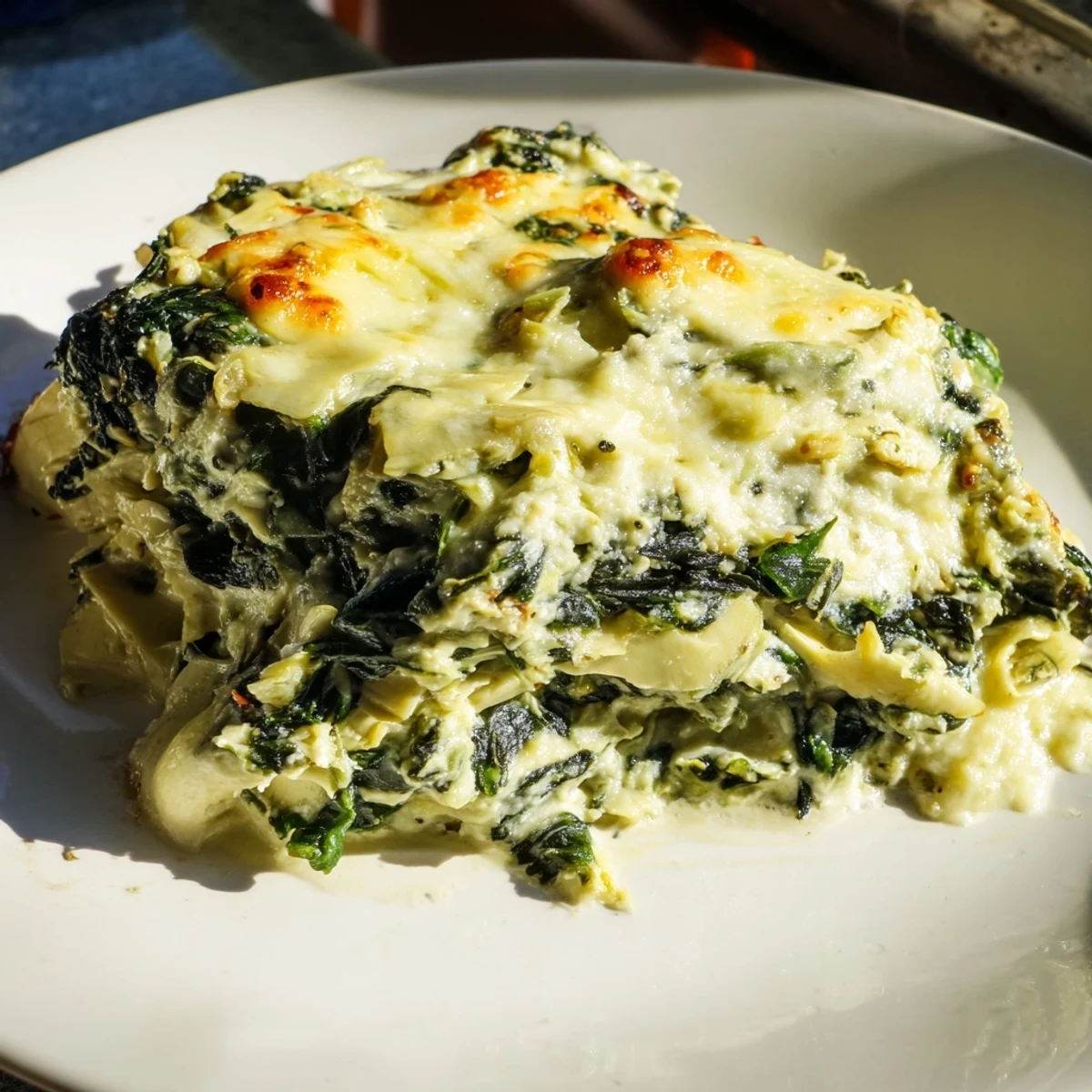 Freshly baked Creamy Spinach and Artichoke Dip with a melted cheese top and creamy green spinach texture.