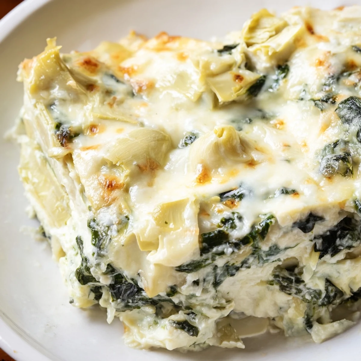 Warm Creamy Spinach and Artichoke Dip in a casserole dish, garnished with herbs and ready for dipping.
