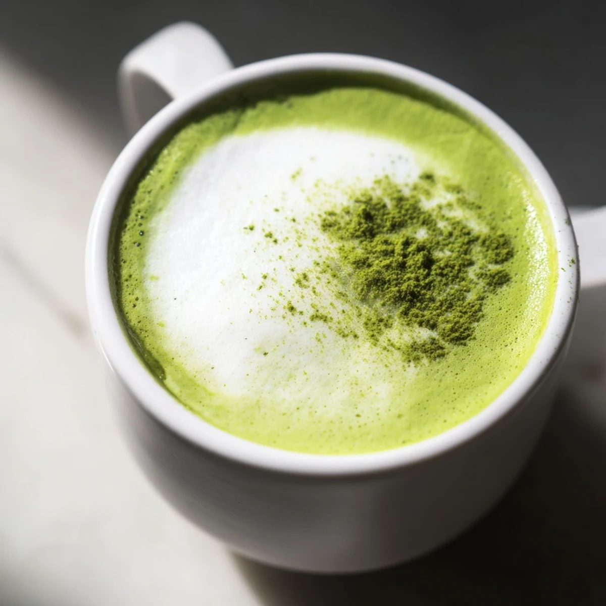 Creamy green matcha latte with almond milk served in a white mug, topped with delicate foam and a light dusting of matcha powder.