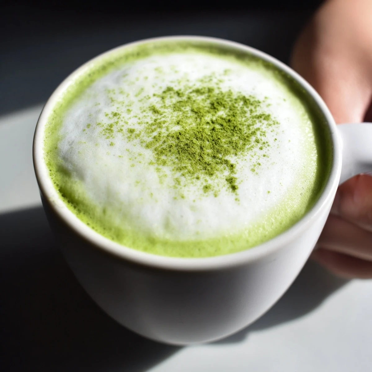 Two mugs of vibrant green matcha latte with almond milk beside a bamboo whisk and bowl of matcha powder on a rustic table.