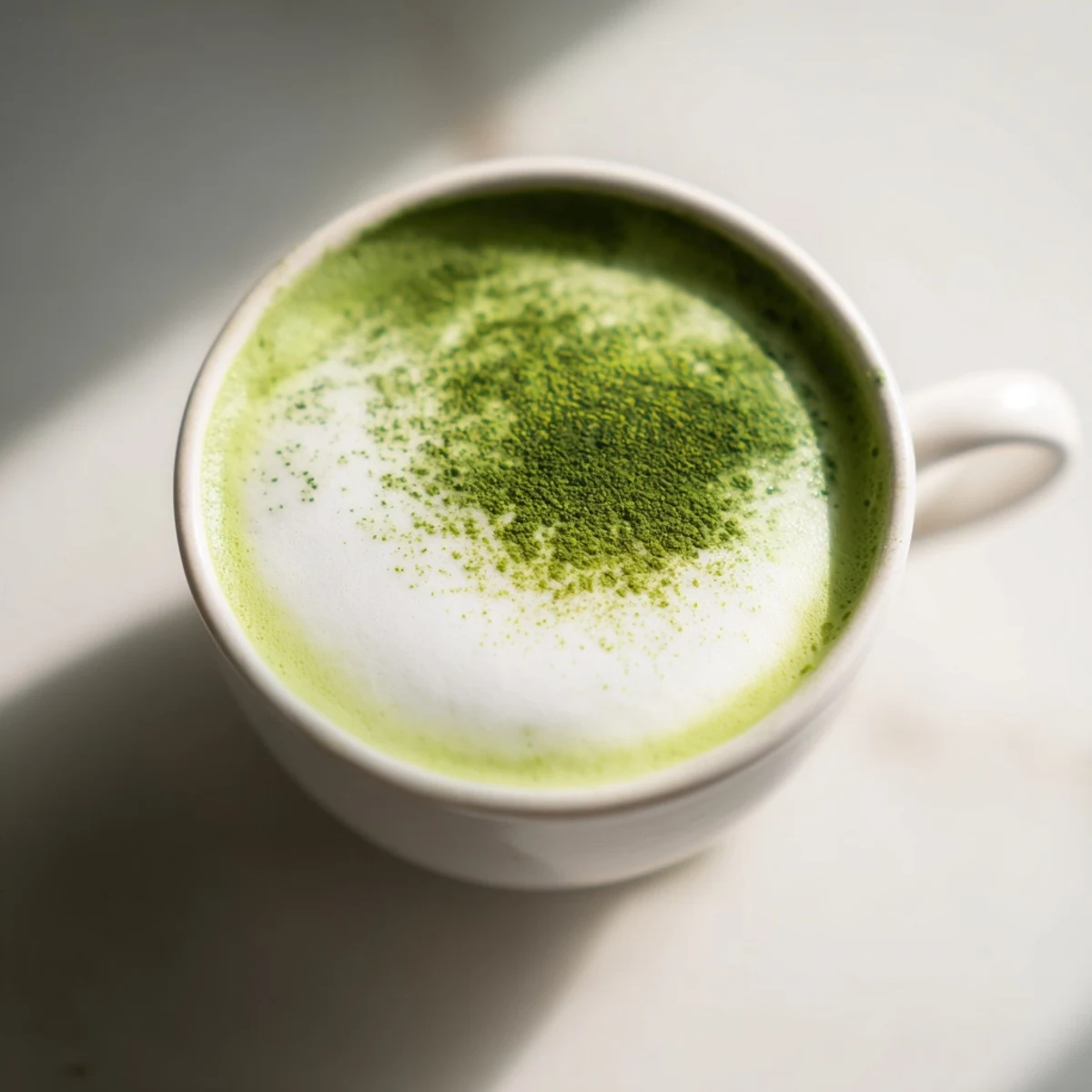 Steam rises from a warm matcha latte with almond milk, garnished with a sprinkle of matcha and a cinnamon stick for garnish.
