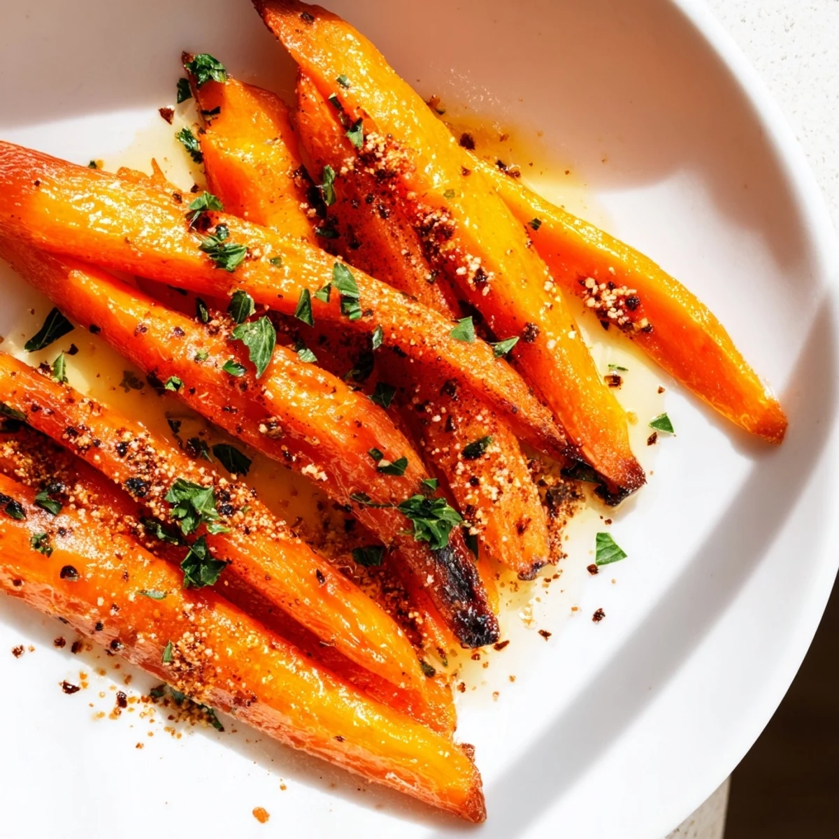 Golden roasted carrots with maple and cumin glaze, glistening on a white plate, garnished with fresh parsley.