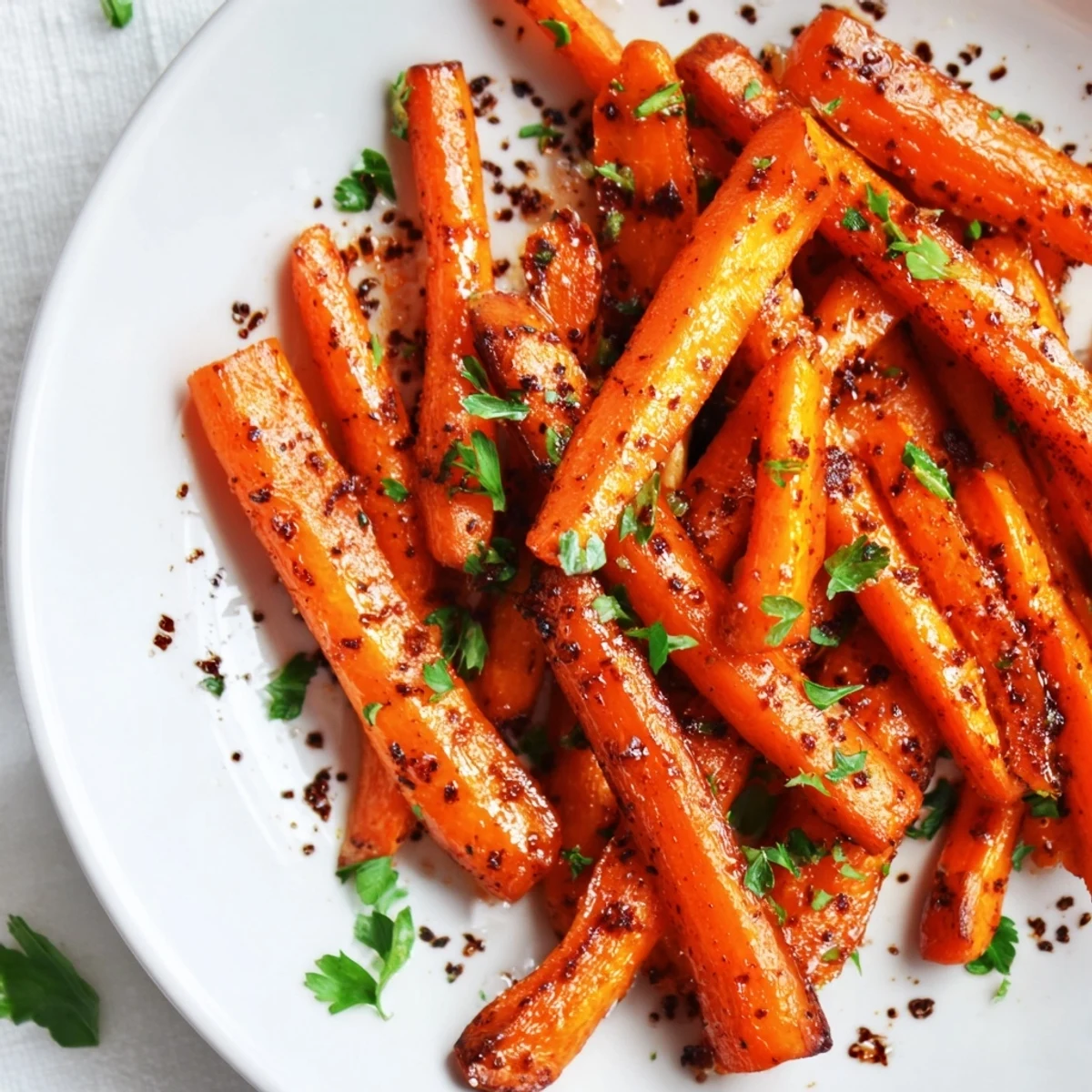 Tender roasted carrots with maple and cumin glaze, fresh from the oven, beautifully caramelized on a baking sheet.