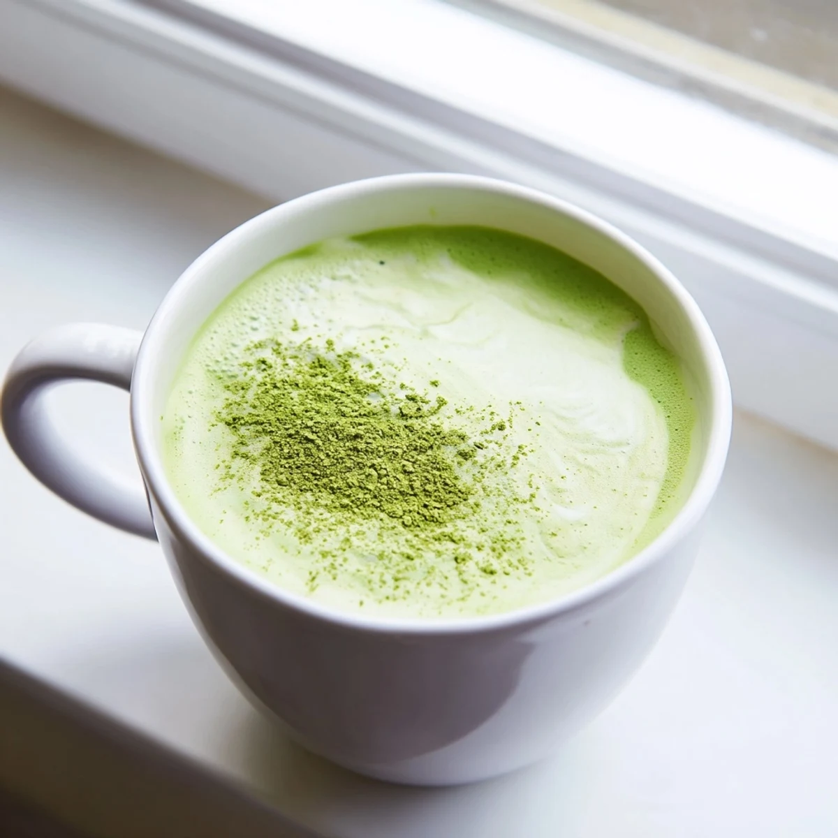 A vibrant green matcha latte with almond milk in a clear glass mug, topped with delicate foam and a light dusting of matcha powder.