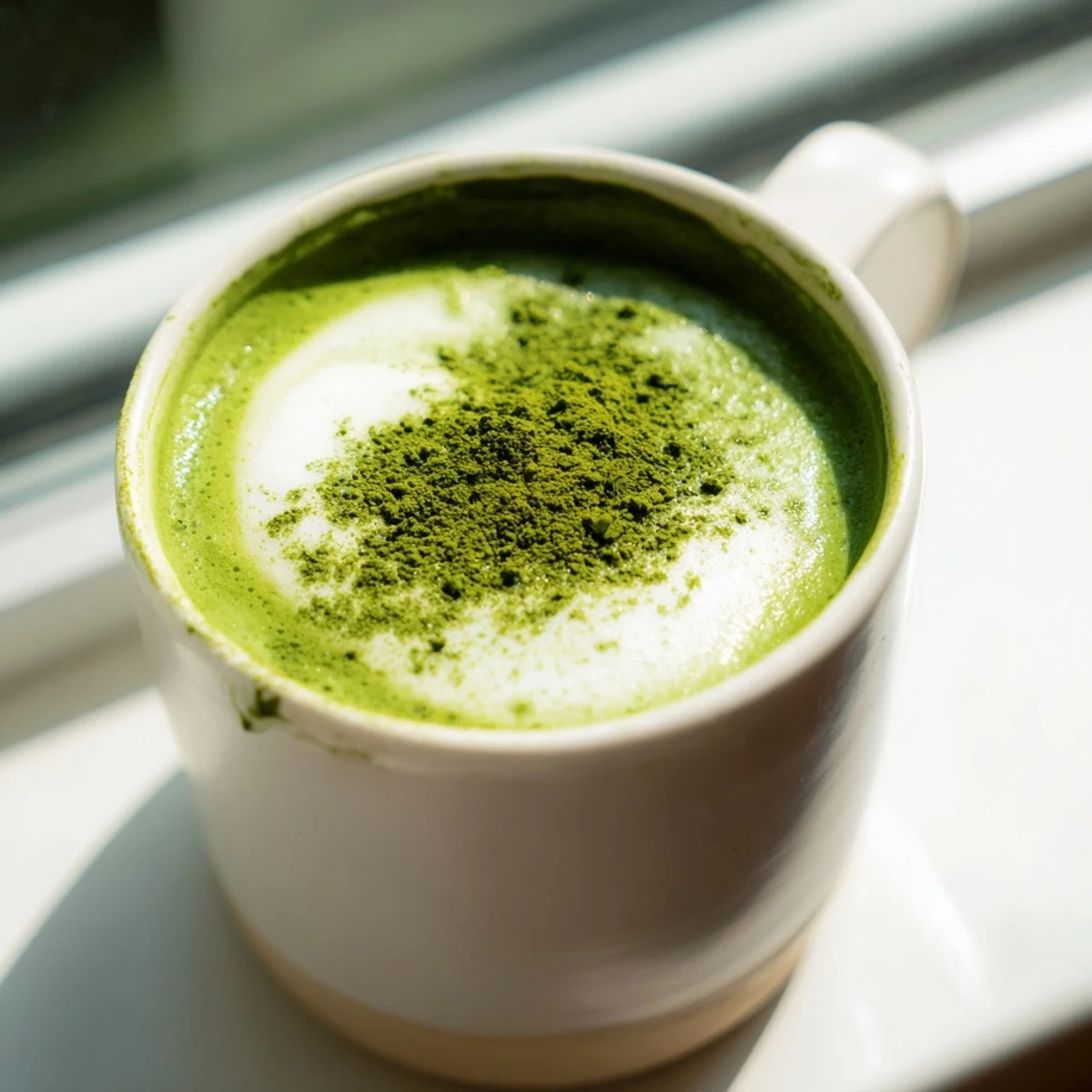Close-up of a creamy matcha latte with almond milk, showing its smooth texture and soft green hue beside a bamboo whisk on a marble surface.