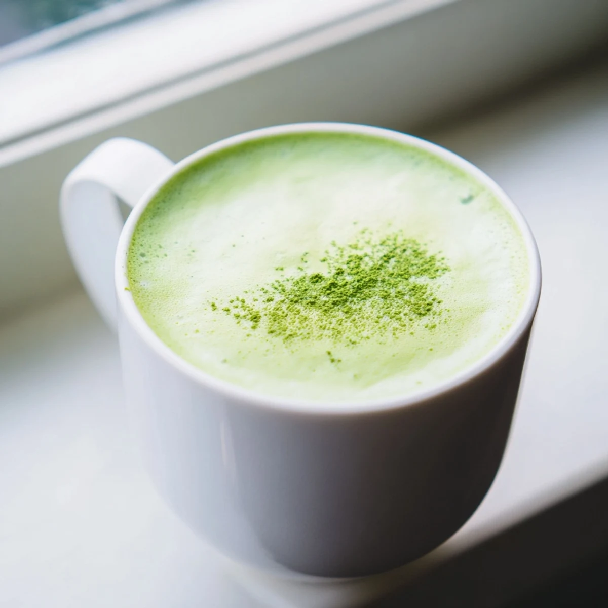 A freshly poured green matcha latte with almond milk, steaming gently with a frothy top, served on a cozy wooden table.