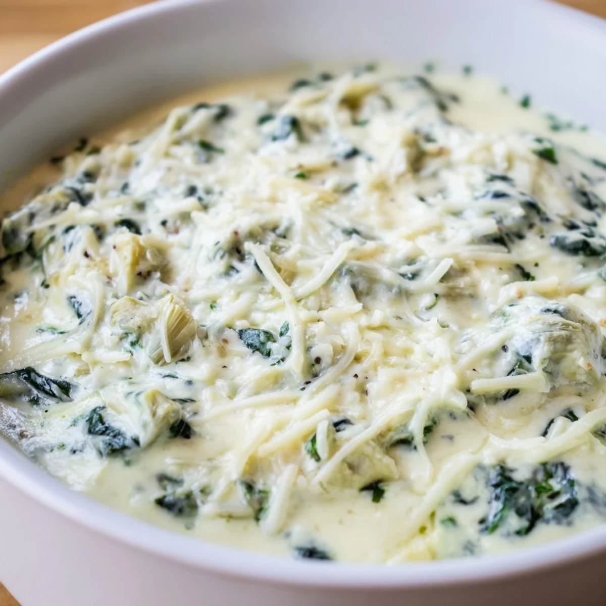 Family-style serving of Creamy Spinach and Artichoke Dip with Chips at a party on a wooden table.