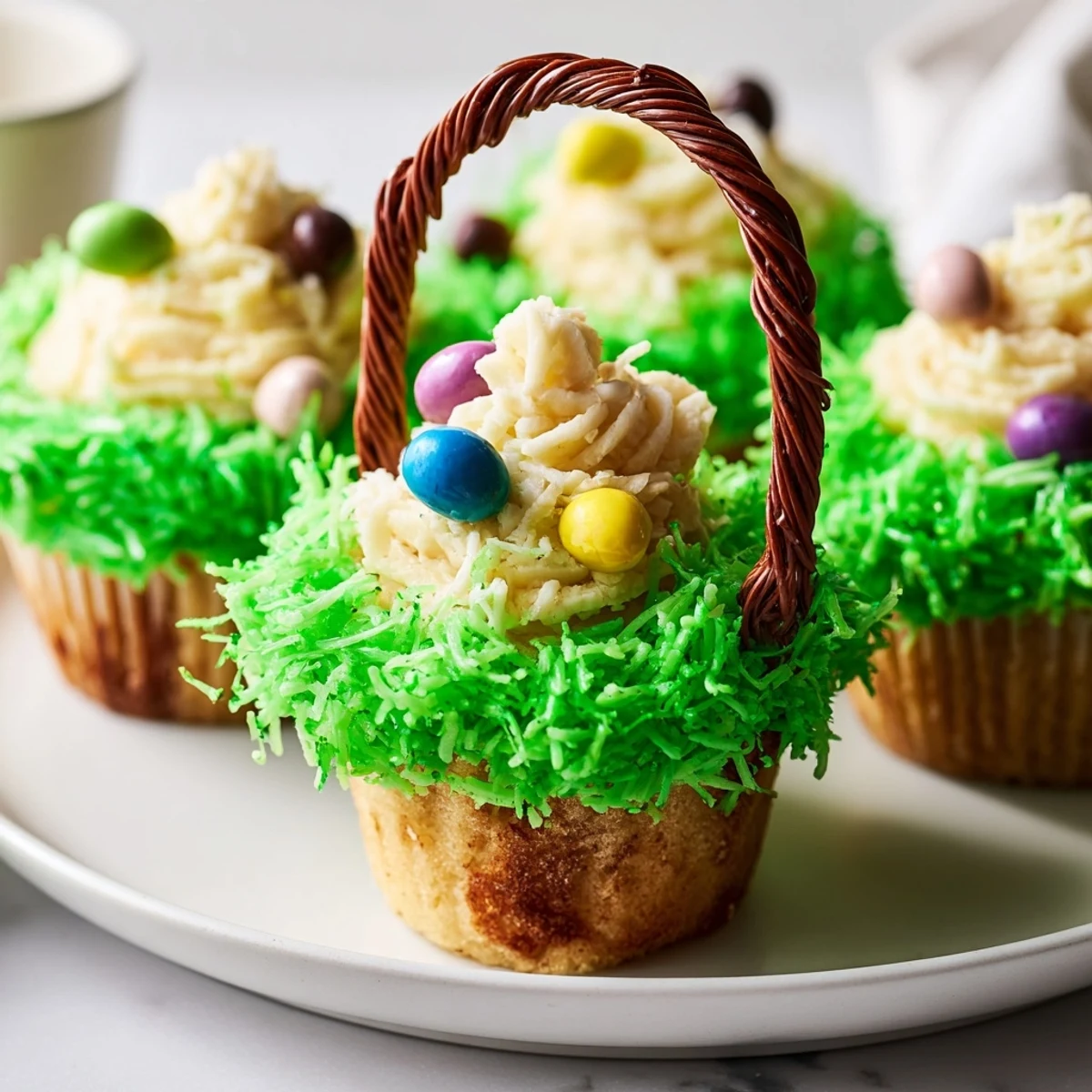 The main keyword is Easter Basket Cupcakes with Coconut Grass. We need 3 ALT texts, each 8–14 words long. Each must include the main keyword naturally. Must add sensory details, cooking context, or serving suggestions. Must be varied in phrasing. Must be descriptive for visually impaired. Must be U.S. English. Each on separate line, no numbering, no bullets, no extra commentary.