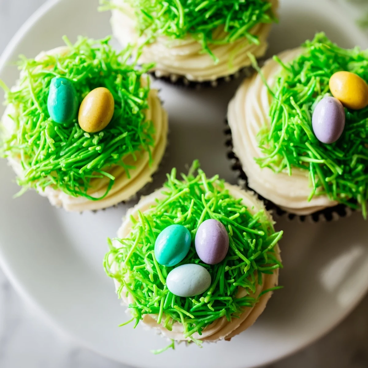 Easter Basket Cupcakes with Coconut Grass sit on a white plate with green-tinted coconut and candy eggs for spring.