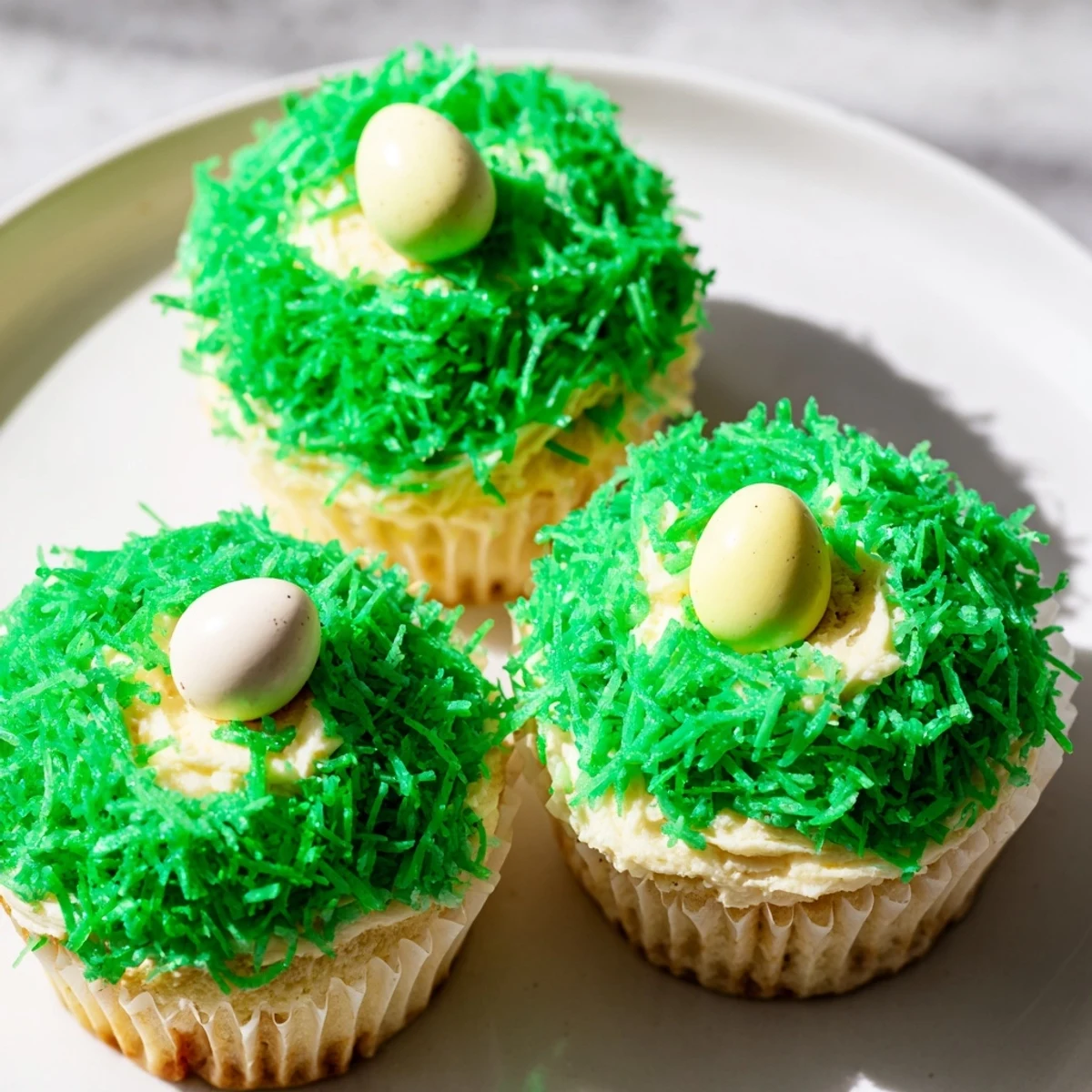 Frosted Easter Basket Cupcakes with Coconut Grass decorated with candy eggs and licorice handles, ideal for festive parties.