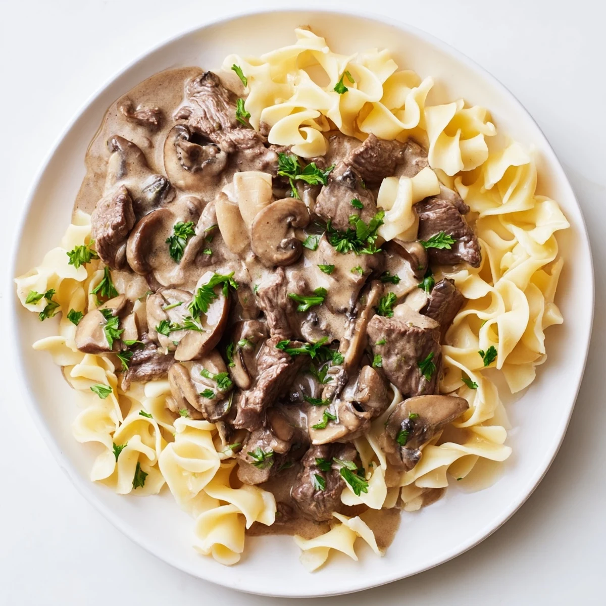 Beef stroganoff with egg noodles is served family-style, featuring a rich, savory sauce and golden noodles.