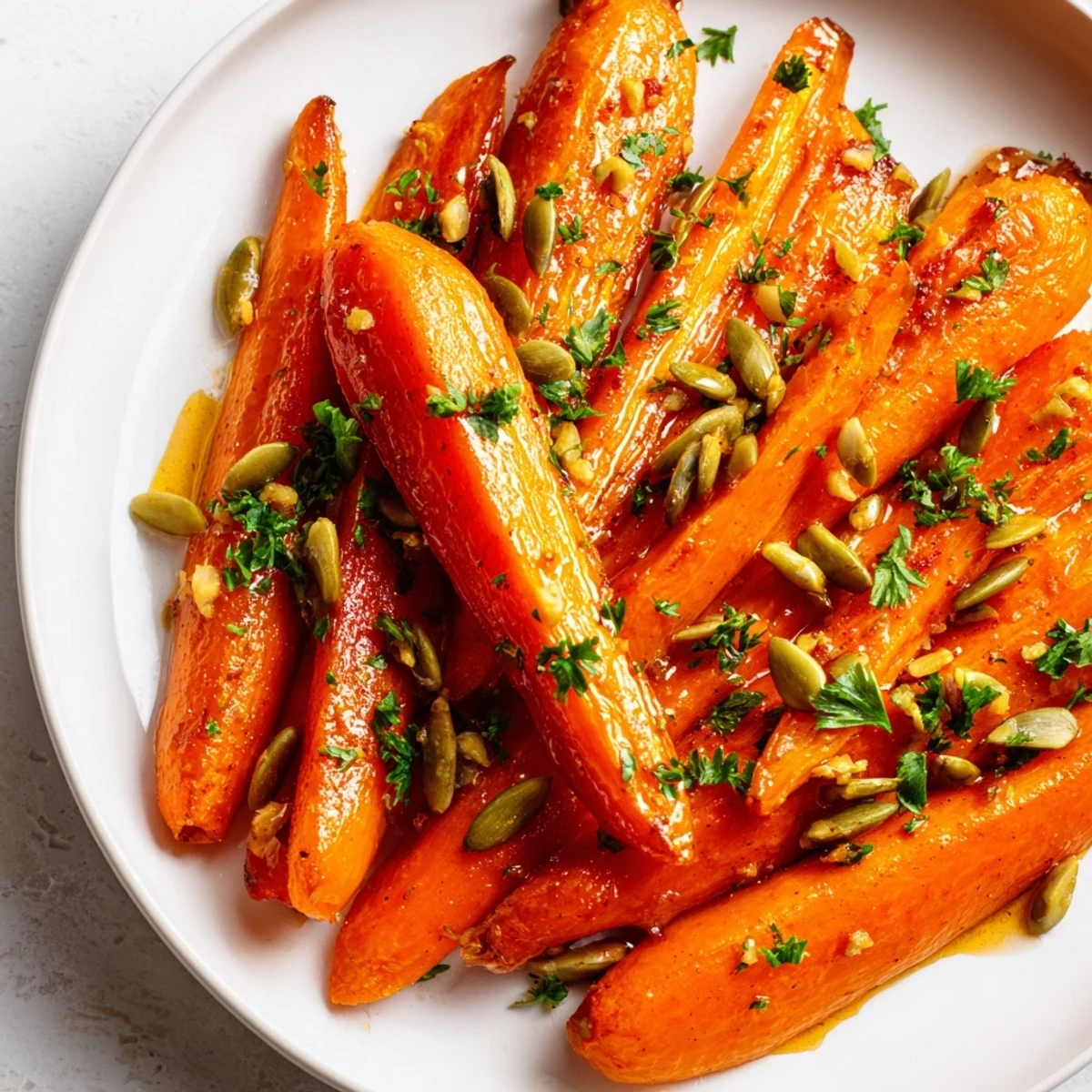 Golden Roasted Carrots with Maple and Cumin Glaze glistening on a white platter, garnished with fresh parsley and seeds.