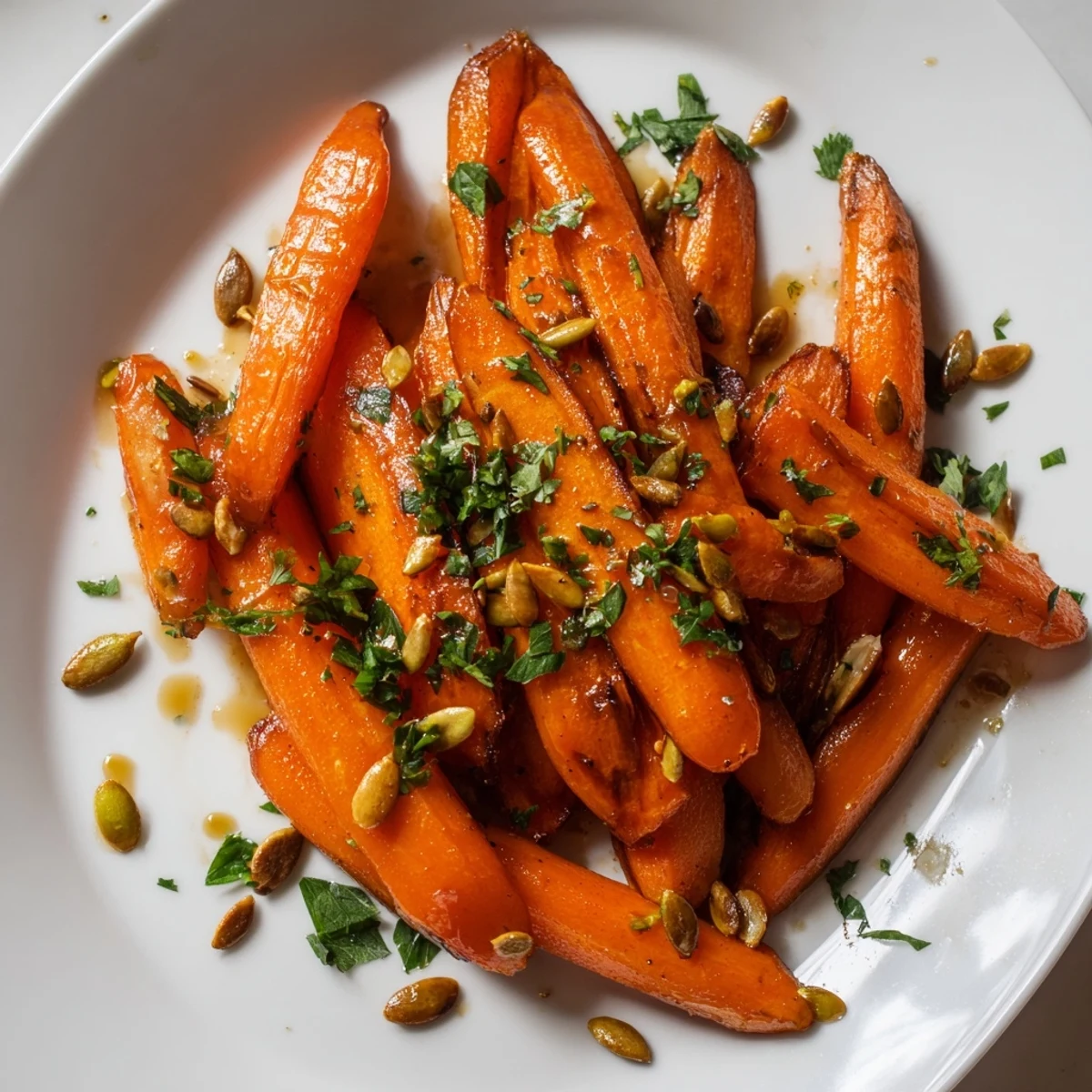Tender Roasted Carrots with Maple and Cumin Glaze arranged beside a main course, finished with toasted seeds and herbs.