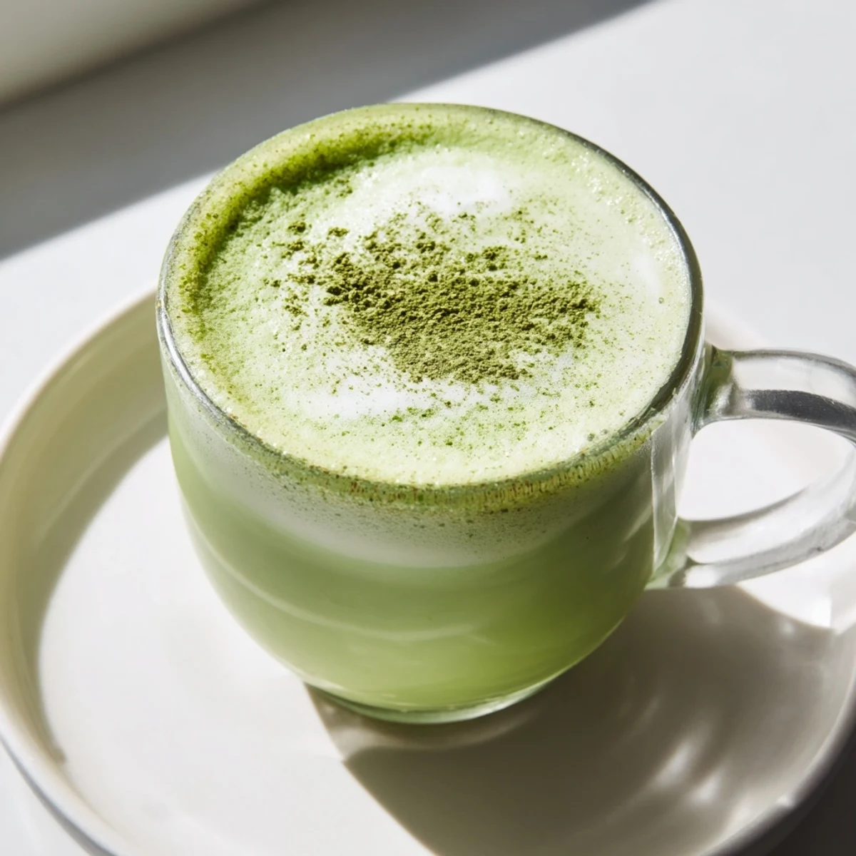 A frothy green matcha latte with almond milk, served steaming in a white mug next to a bamboo whisk and a sprinkle of matcha powder.