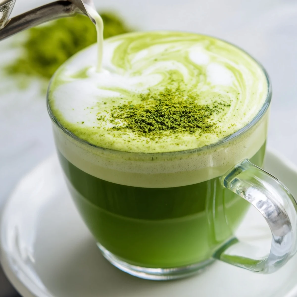 Homemade Green Matcha Latte with Almond Milk, a creamy vibrant beverage in a ceramic mug, with steam rising and a drizzle of maple syrup.