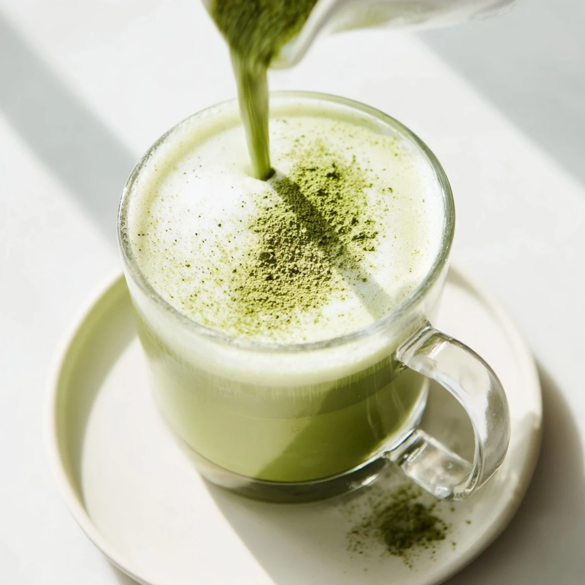 Close-up of a smooth Green Matcha Latte with Almond Milk, showing a rich jade green color and delicate froth in a cozy kitchen setting.