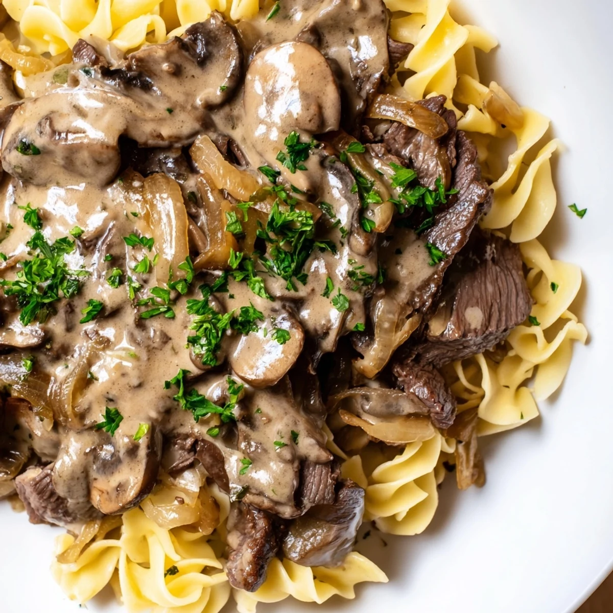 Family-style Beef Stroganoff served over warm egg noodles, with rich brown sauce and golden mushrooms ready to enjoy.