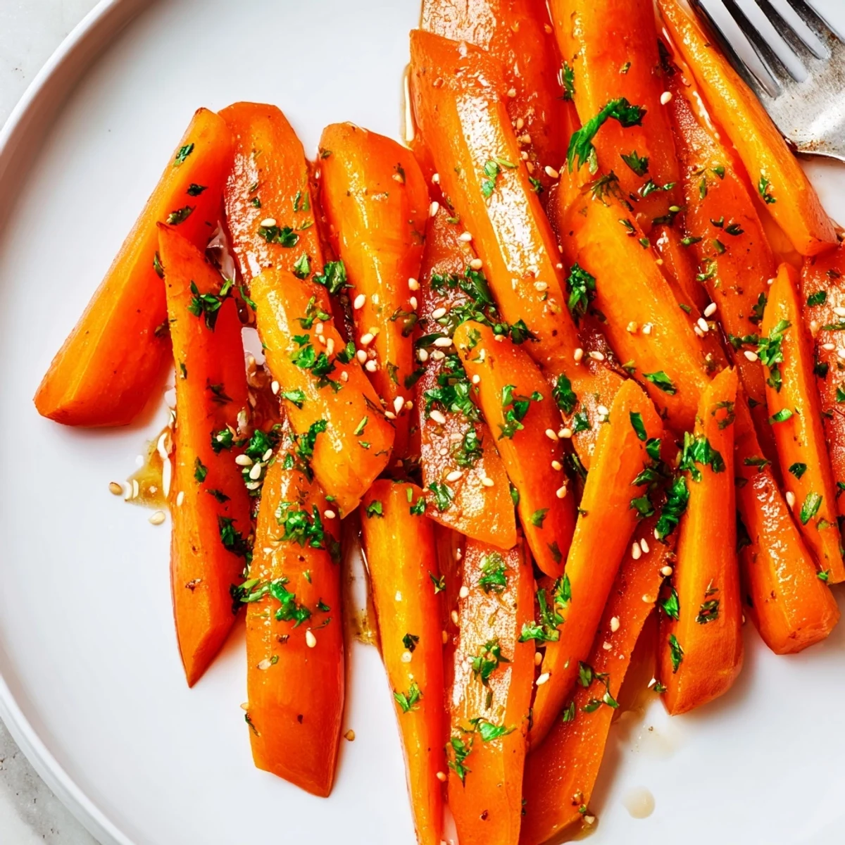 Vibrant Roasted Carrots with Maple and Cumin garnished with fresh parsley and toasted sesame seeds.