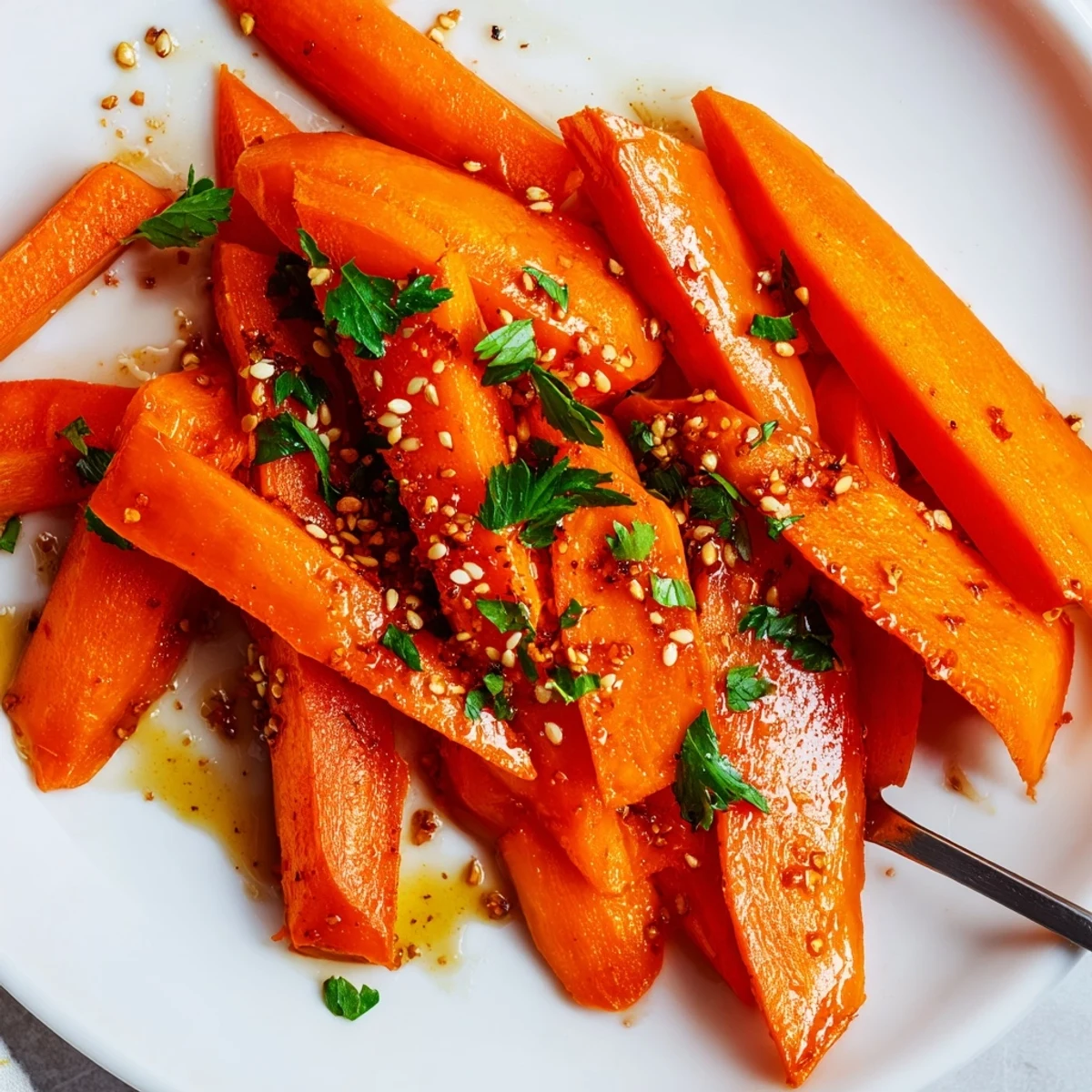 Golden-orange Roasted Carrots with Maple and Cumin glistening with oil on a white ceramic serving platter.