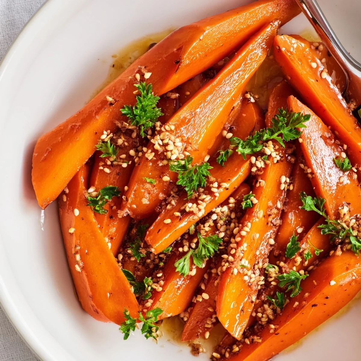 Close-up of tender Roasted Carrots with Maple and Cumin showing caramelized edges and warm spices.
