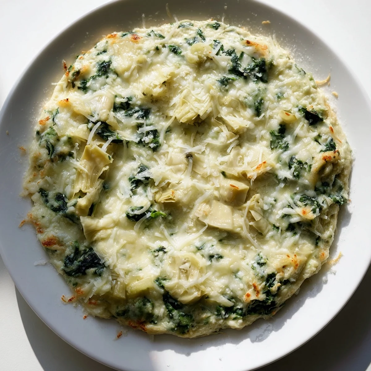 A close-up of creamy spinach and artichoke dip served in a ceramic bowl alongside colorful veggie sticks for dipping.