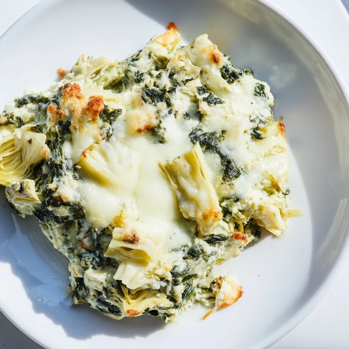 A warm, cheesy creamy spinach and artichoke dip topped with melted mozzarella and golden Parmesan, perfect for party appetizers.