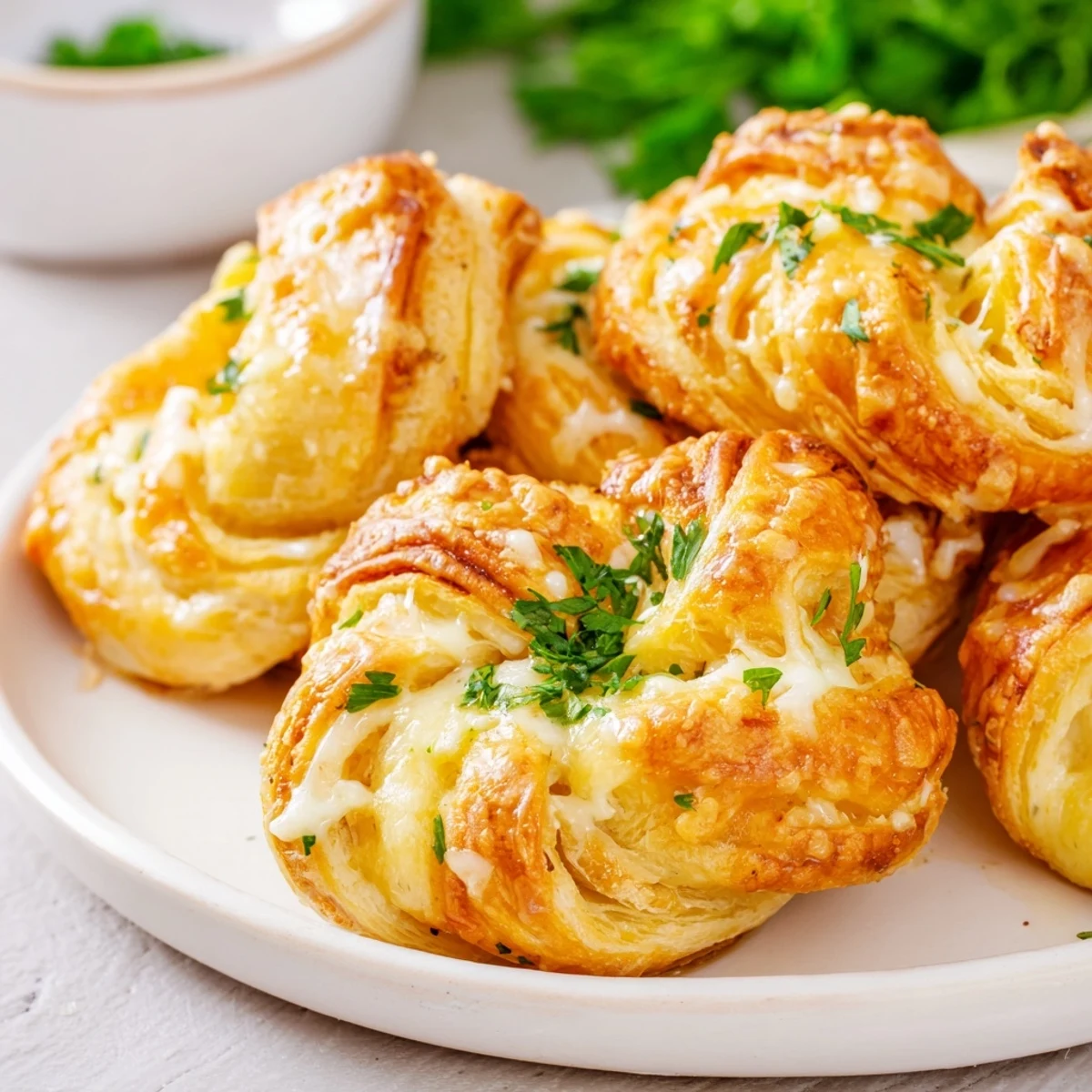 Crispy Air Fryer Pizza Cheese Bread Twists fresh from the basket, brushed with garlic butter and garnished with parsley.