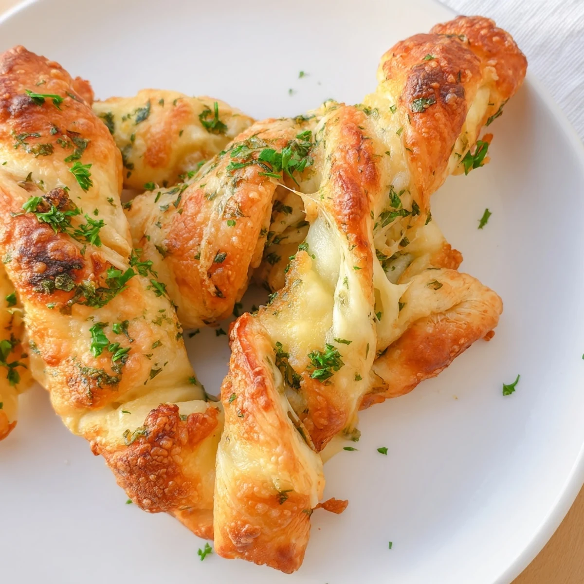 These Crispy Air Fryer Pizza Cheese Bread Twists offer a crunchy texture with melted mozzarella and Parmesan inside.
