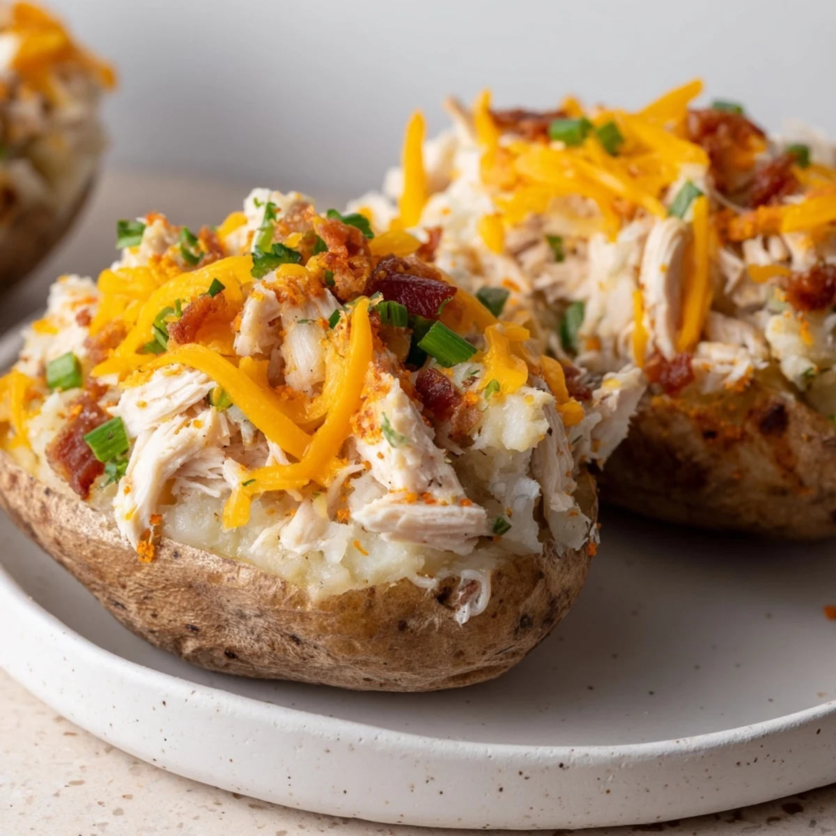 Golden-brown baked russet potatoes split open and filled with creamy chicken mixture, topped with melted cheddar and parsley.
