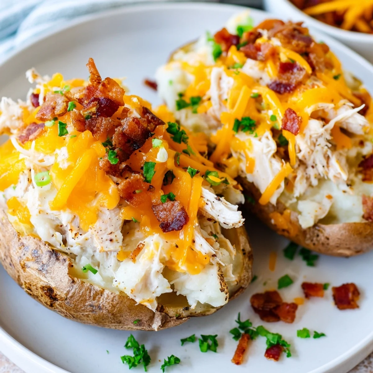 This image shows two halves of Mud Chicken Stuffed Twice Baked Potatoes with Savory Filling on a rustic plate.