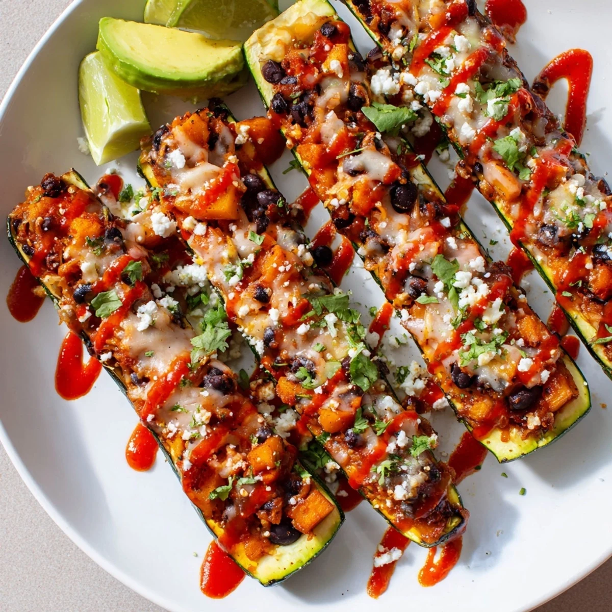 Stuffed zucchini boats filled with roasted butternut squash and black beans, topped with melted cheese and vibrant cilantro.