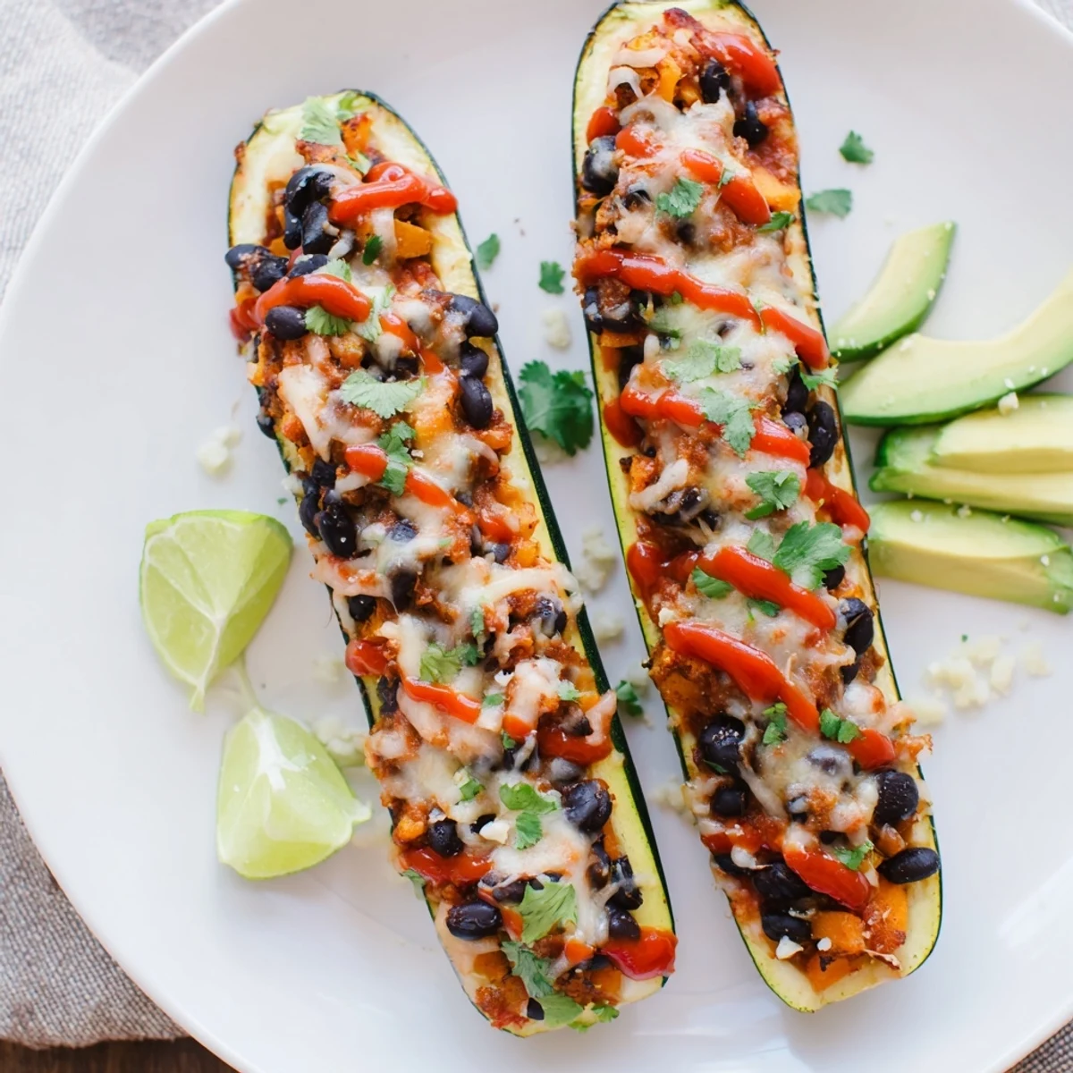 A close-up of cheesy Black Bean and Butternut Squash Enchilada Boats garnished with avocado and fresh lime wedges.