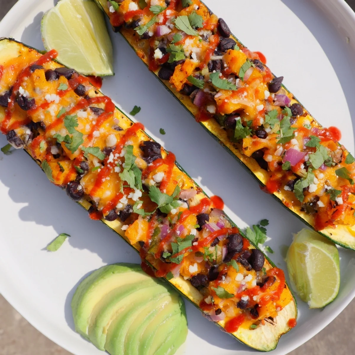 Overhead view of baked vegetarian enchilada boats on a rustic plate, showcasing the hearty, gluten-free main dish.