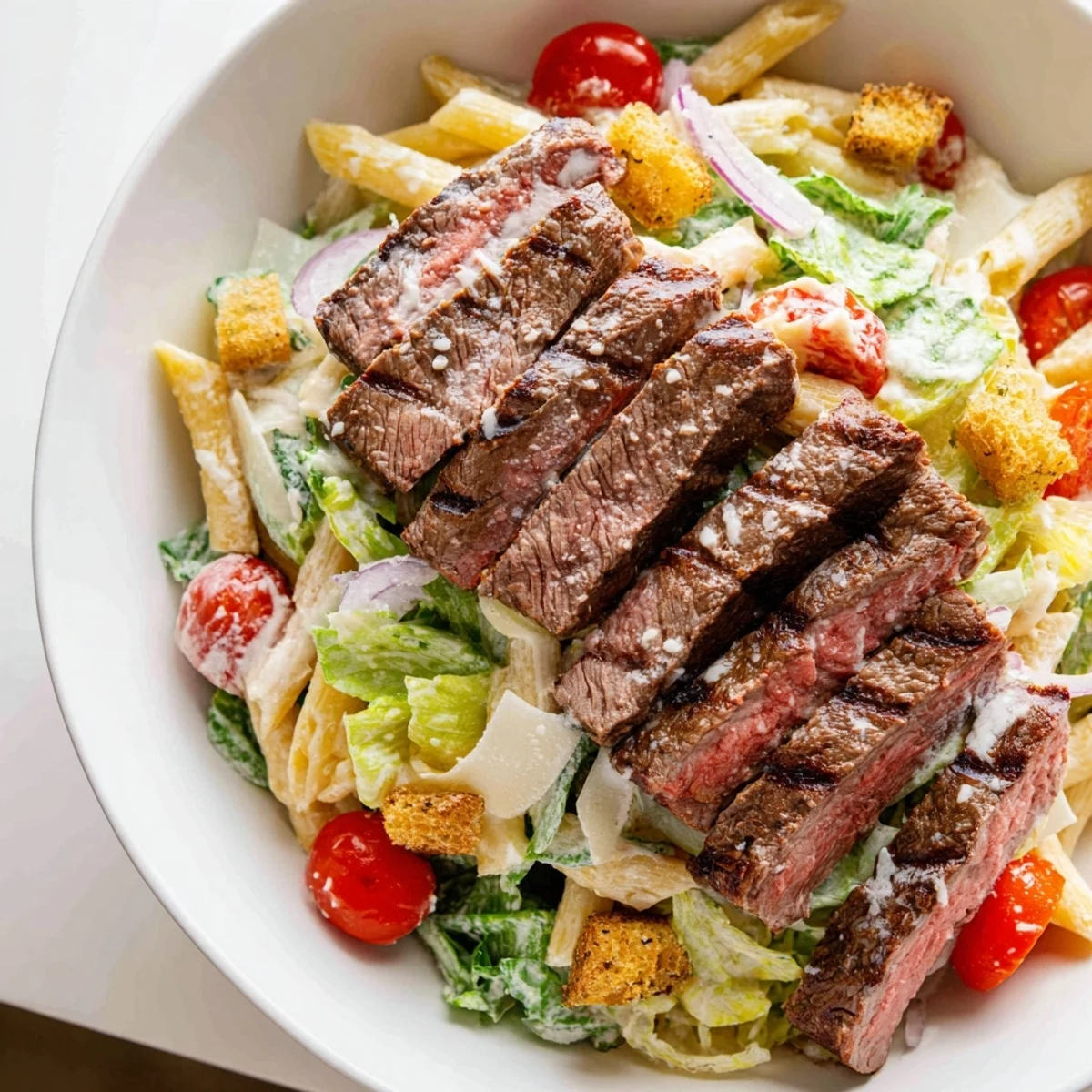 Sliced grilled steak sits atop a vibrant bowl of Flavorful Steak Caesar Pasta Salad with crisp romaine and cherry tomatoes.