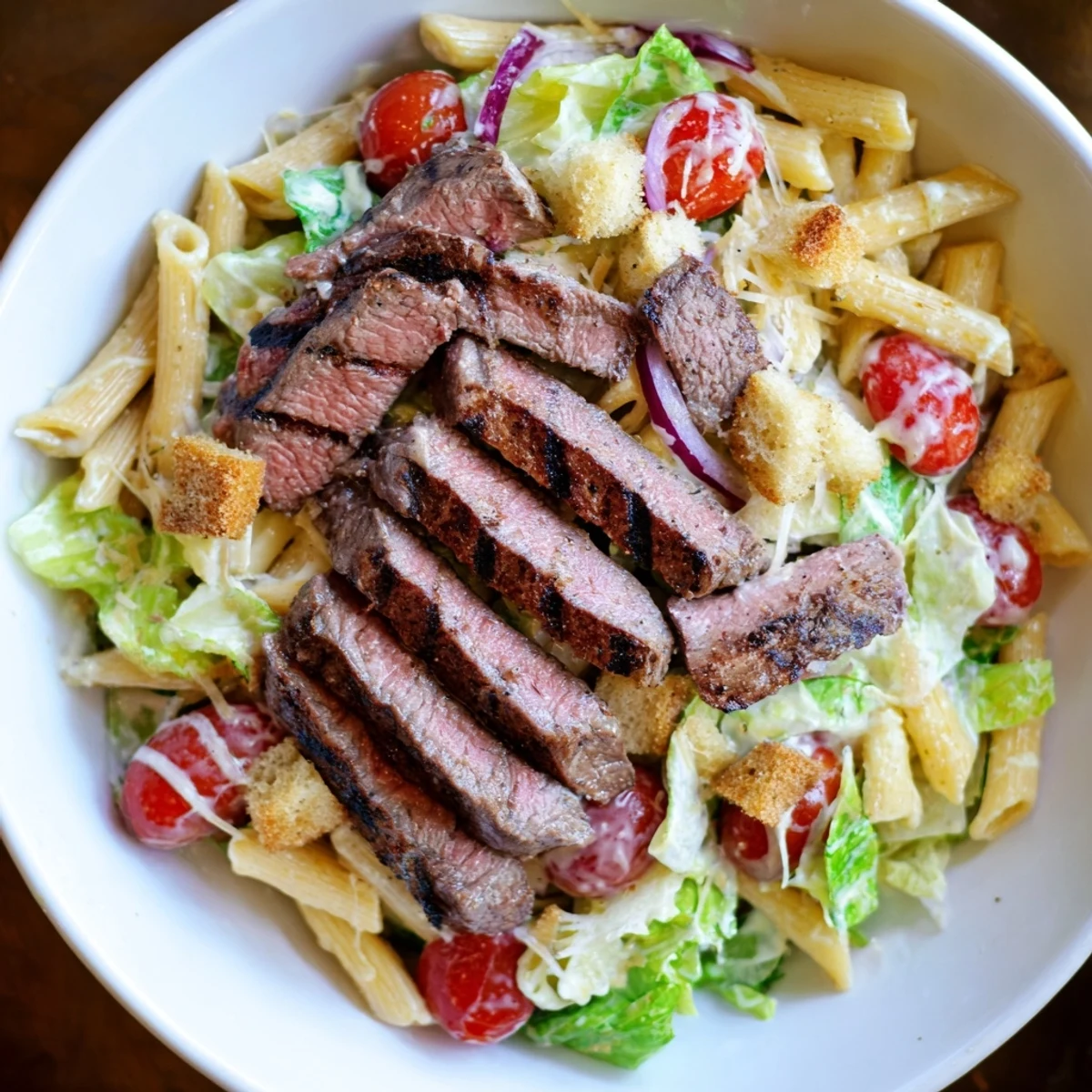 A close-up of Flavorful Steak Caesar Pasta Salad reveals al dente pasta tossed in creamy dressing and topped with shaved Parmesan.