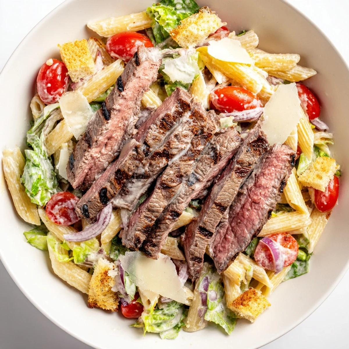 For a satisfying meal, a plate of Flavorful Steak Caesar Pasta Salad is garnished with crunchy croutons and fresh black pepper.