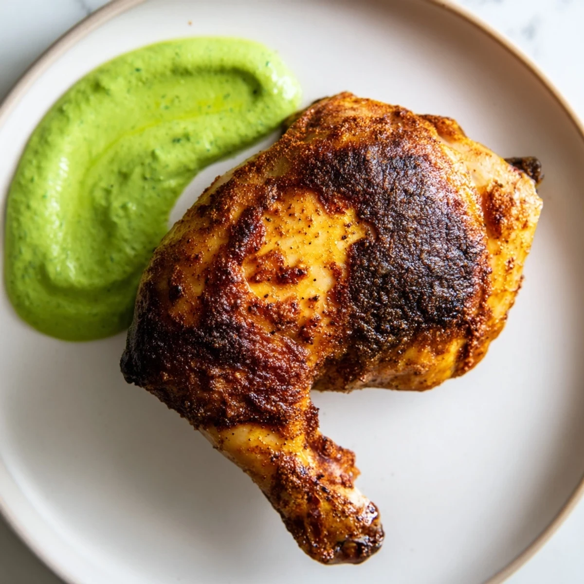 Golden-brown Peruvian Roast Chicken with Creamy Green Sauce rests on a carving board with juices visible.
