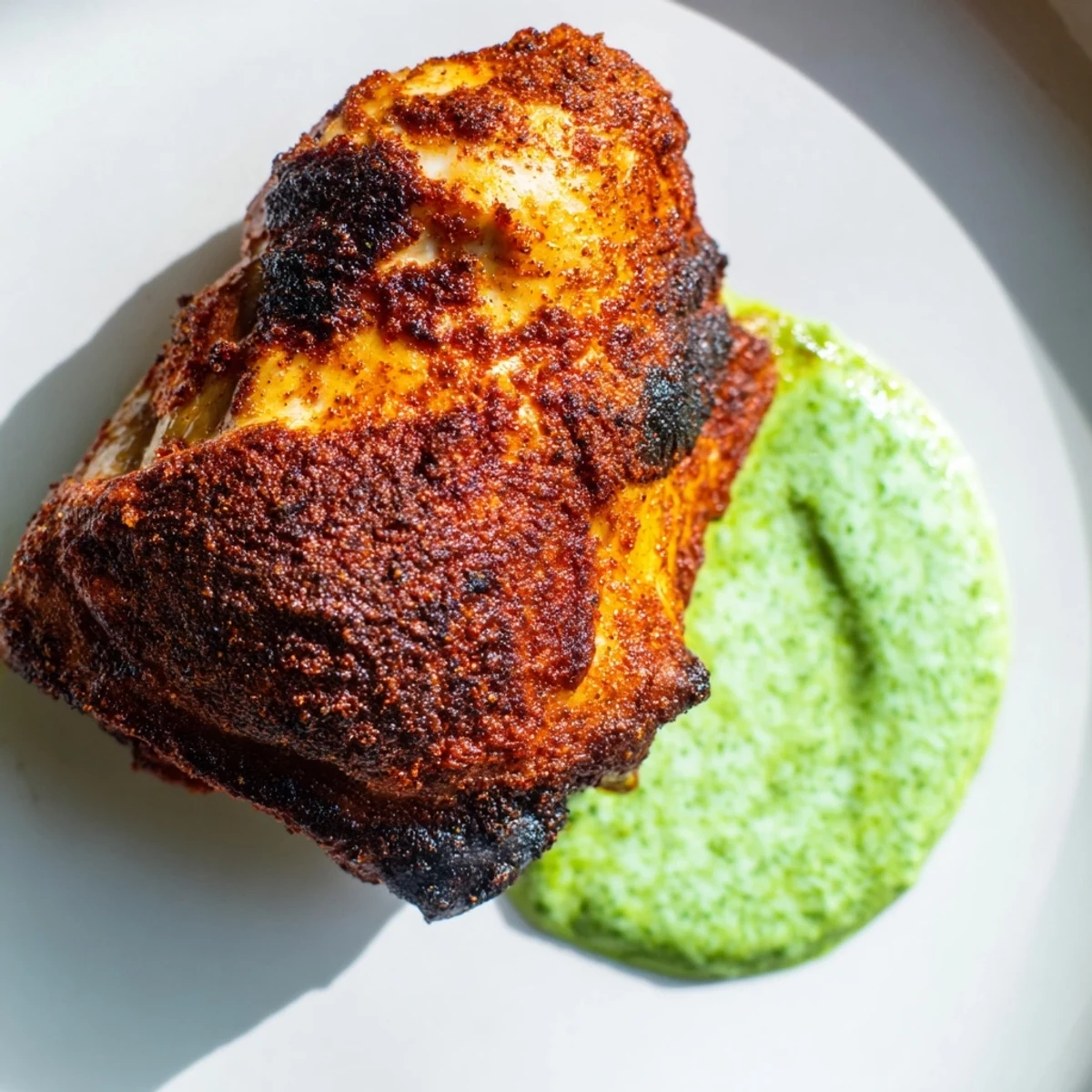 Close-up of succulent Peruvian Roast Chicken with Creamy Green Sauce highlighting crispy skin and vibrant herby sauce.