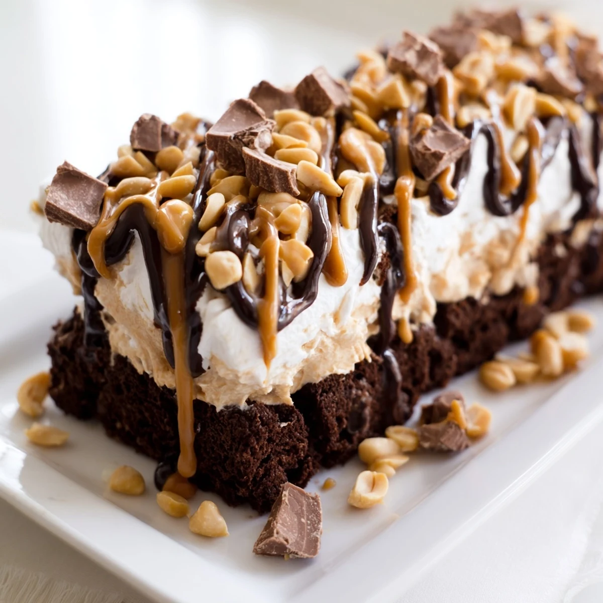 Moist Chocolate Peanut Butter Poke Cake sliced showing creamy pudding filling and whipped cream topping.
