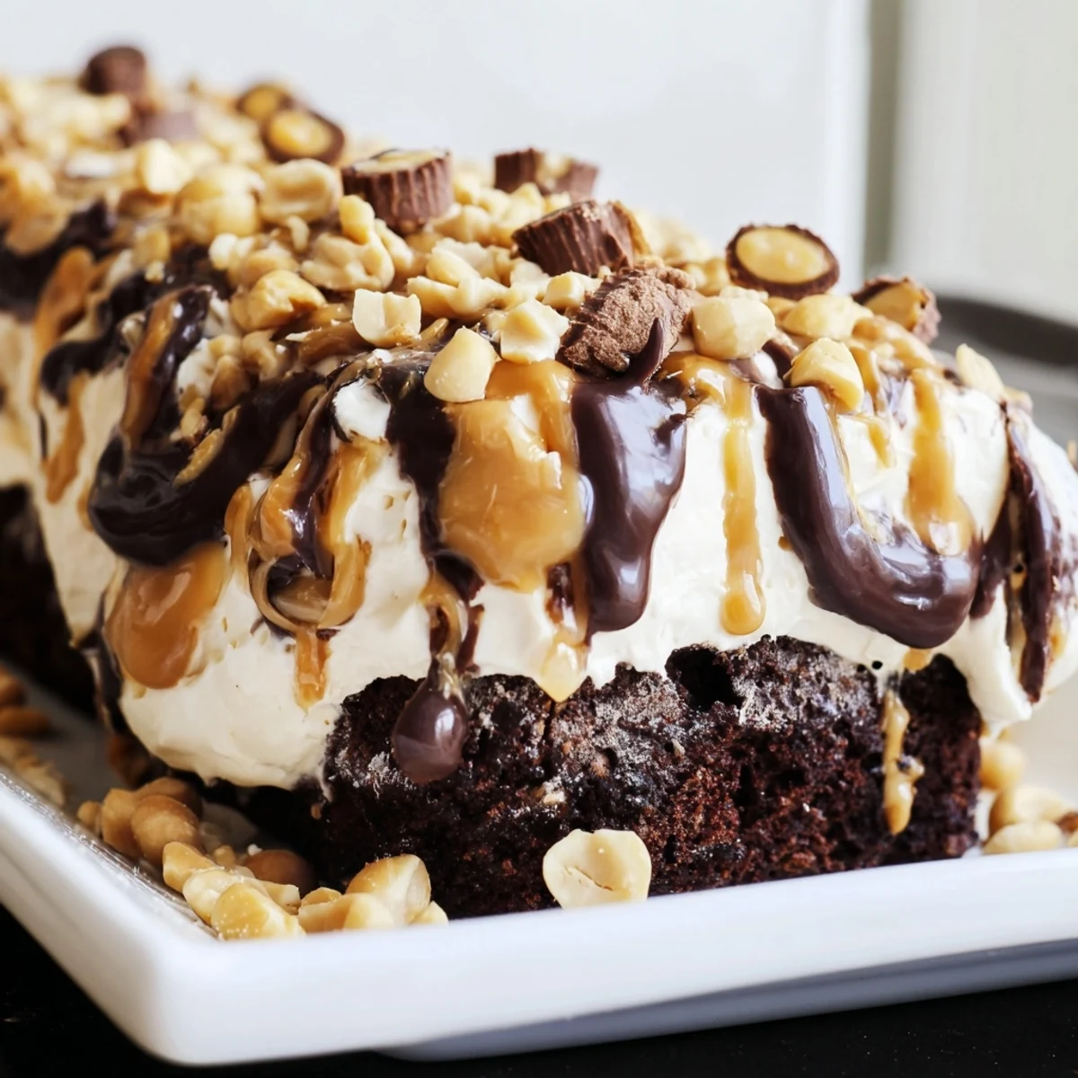 Decadent Chocolate Peanut Butter Poke Cake drizzled with rich chocolate and garnished with chopped peanuts.