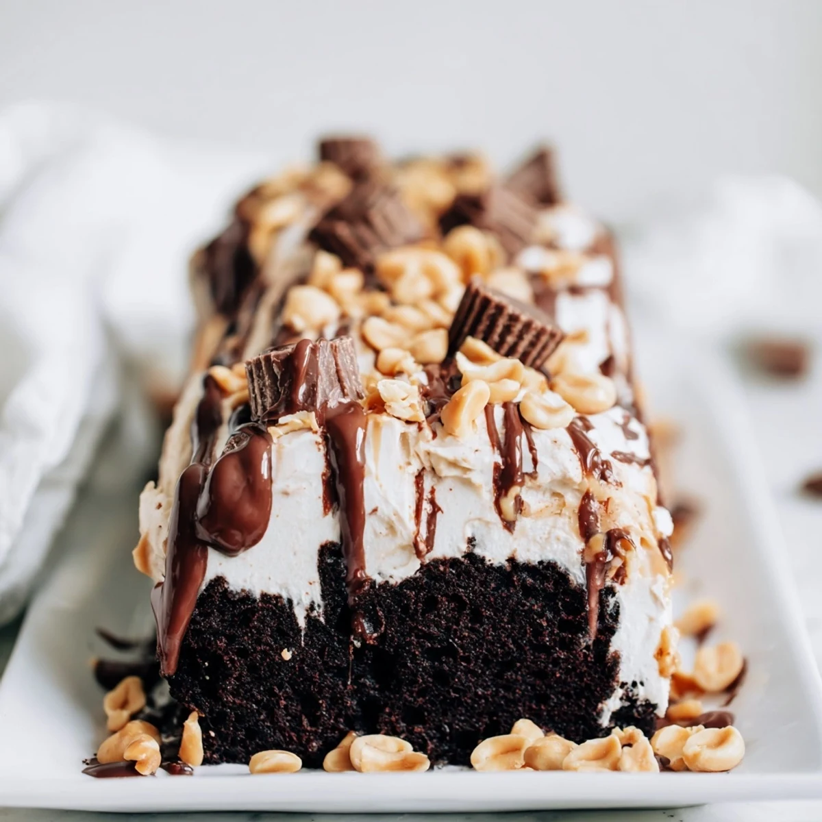 A serving of Chocolate Peanut Butter Poke Cake on a plate with a cold glass of milk.