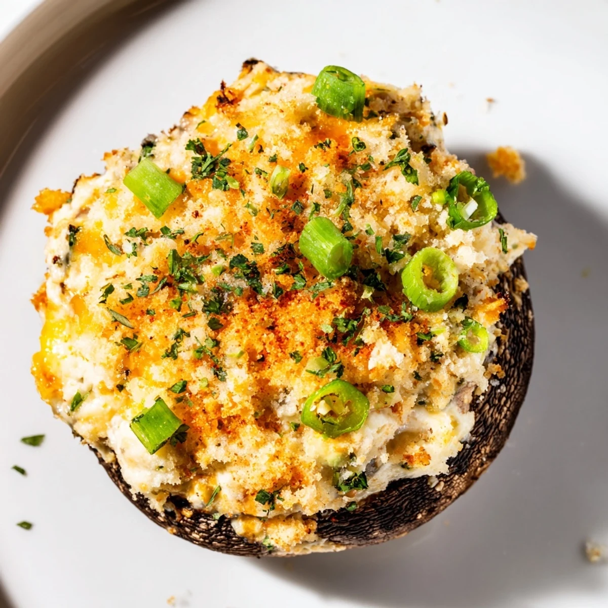 Tender mushroom caps overflowing with a creamy, spicy mozzarella and cheddar filling, finished with a buttery breadcrumb topping.