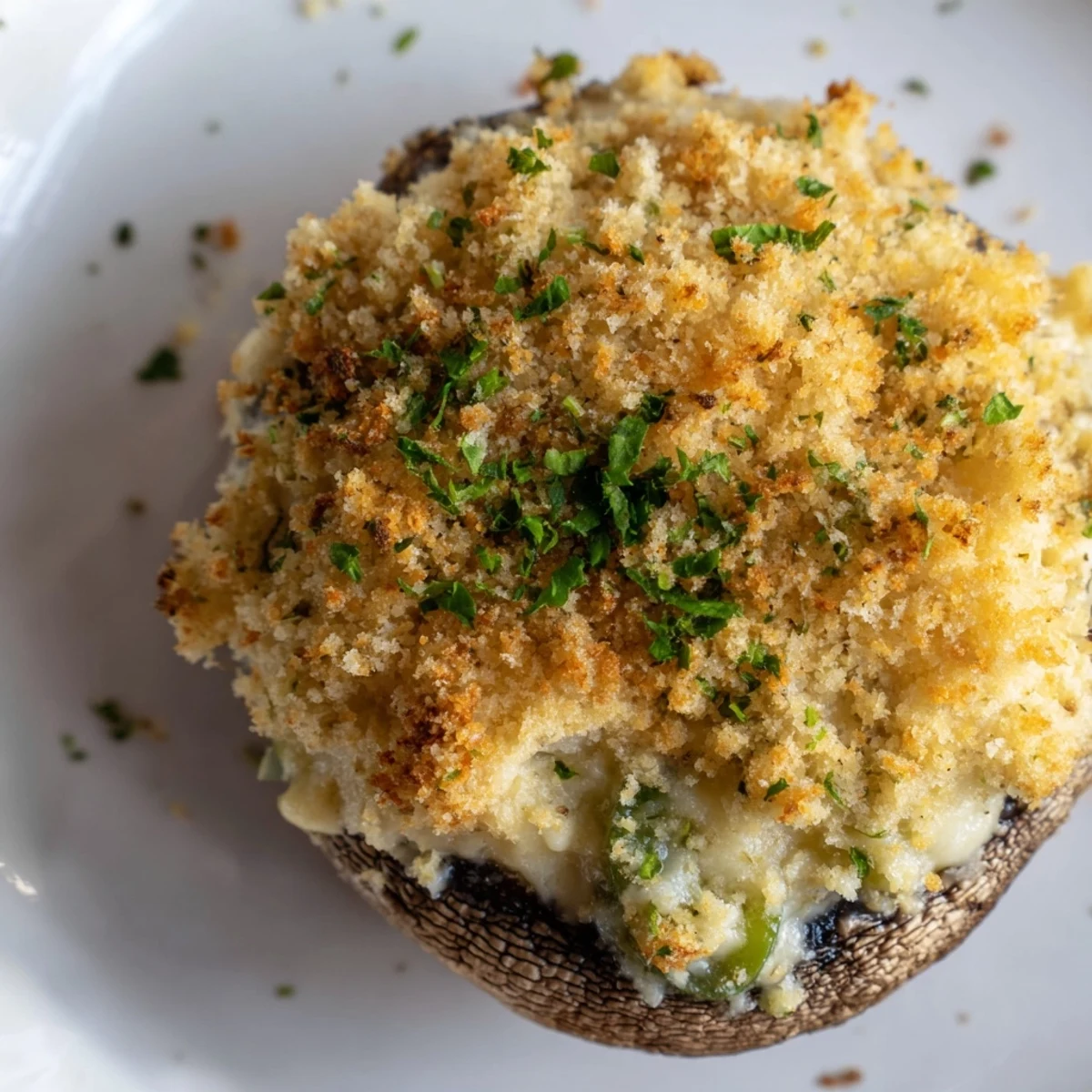 Freshly baked mozzarella popper stuffed mushrooms with cheddar and spices, garnished with parsley on a rustic serving platter.