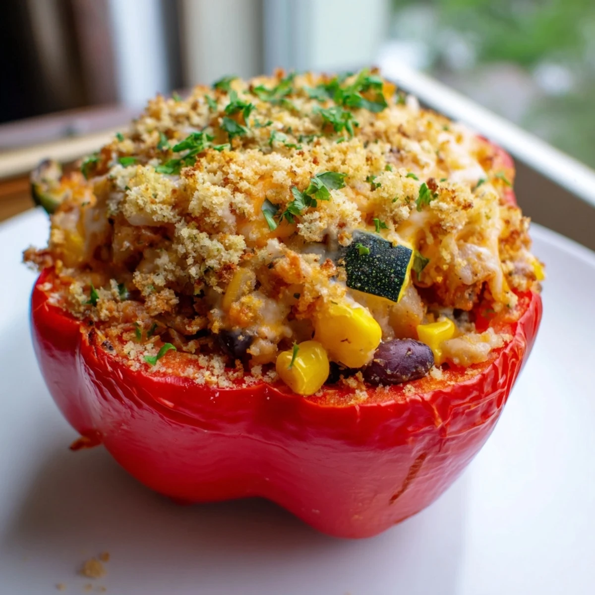 Cajun Potato Stuffed Bell Peppers sit on a rustic plate, garnished with fresh parsley, perfect as a main dish for dinner.