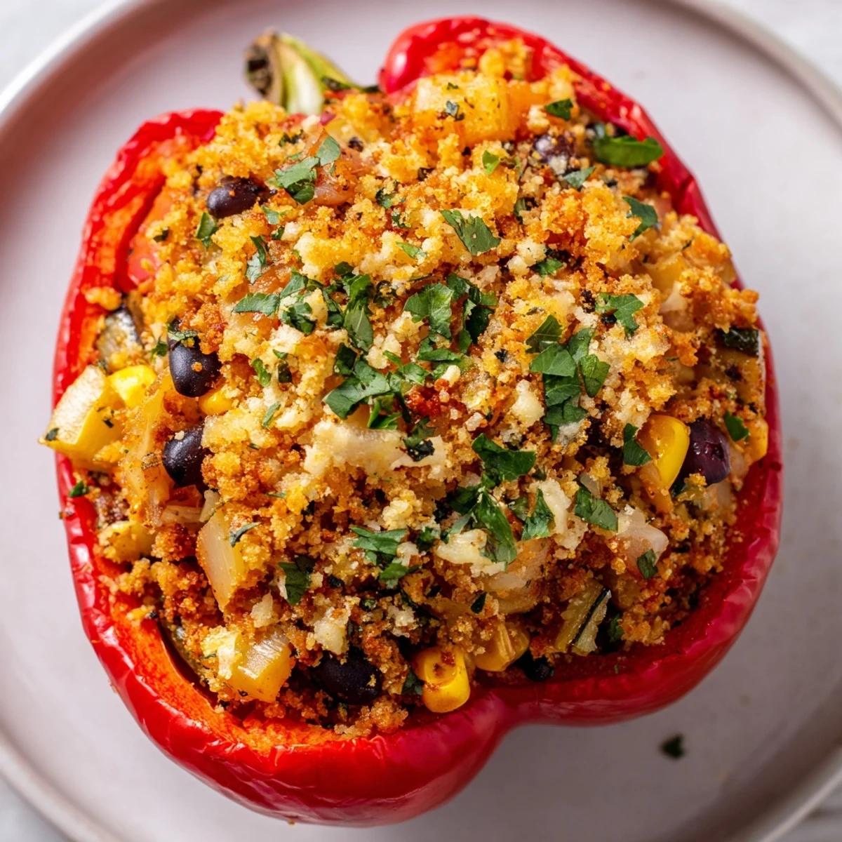 Golden-baked Cajun Potato Stuffed Bell Peppers showcasing vibrant peppers stuffed with a hearty, spiced potato and vegetable filling.