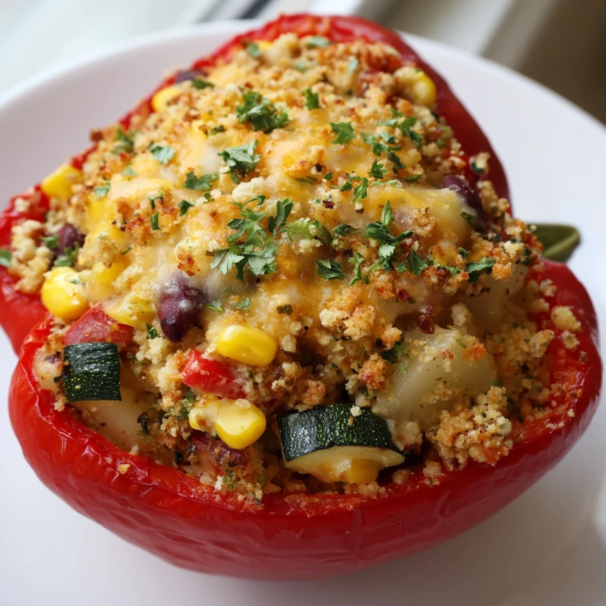 A close-up view of Cajun Potato Stuffed Bell Peppers reveals a golden, cheesy potato filling, ideal for a gluten-free vegetarian meal.